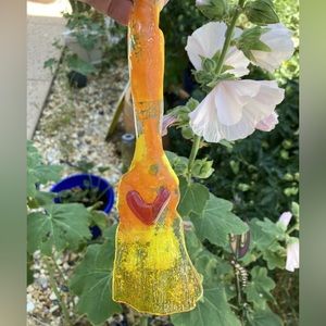 Handmade Cast Glass Paint Brush orange Yellow Glass  7”x2”  w/Heart Artist Gift